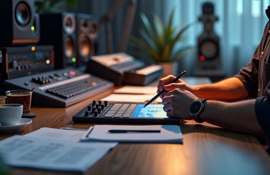 Audio engineer working in a studio environment, focusing on music production tasks using digital interface and audio equipment.