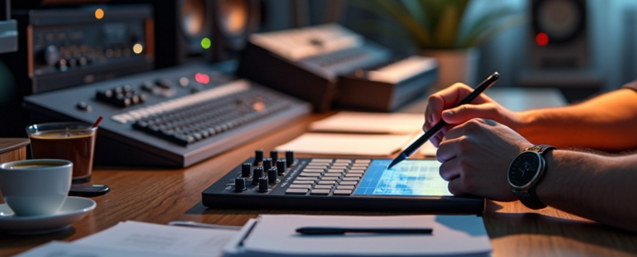 Professional audio engineer in studio mixing and mastering music track