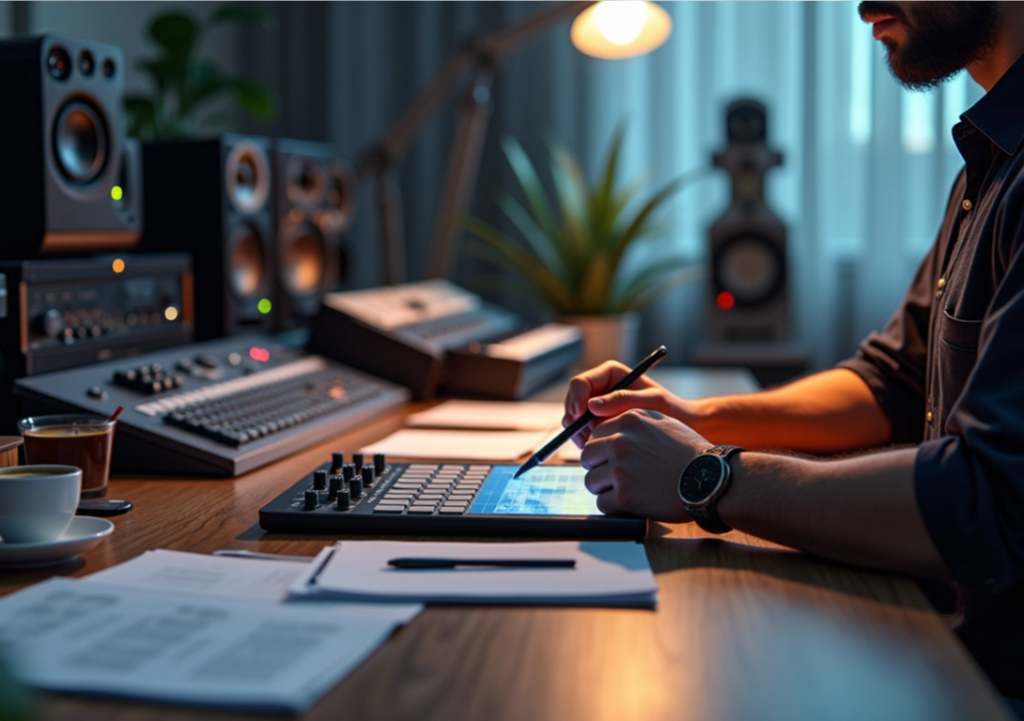 Audio engineer working in a studio environment, focusing on music production tasks using digital interface and audio equipment.