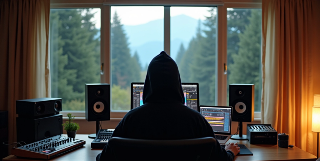 Music producer in home studio with professional equipment, mixing and mastering in a creative atmosphere with a view of trees and mountains. 