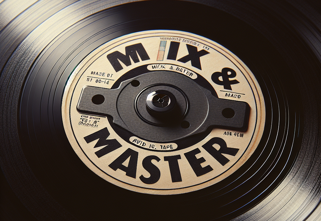 Close-up of a vinyl record with a 'MIx & MASTER' label, showcasing the classic music medium.